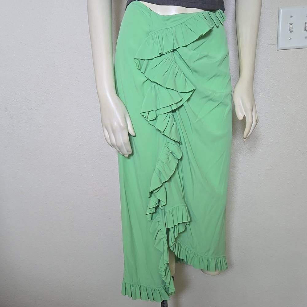 Dries Van Noten Green Wrap Midi Skirt with Ruffles